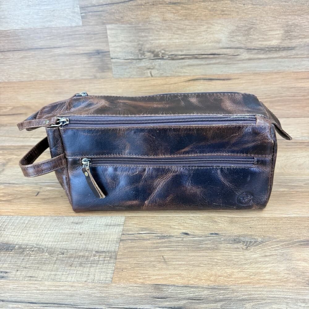 Rustic Town Brown Leather Toiletry Organizer Travel Bag Mens Double Zip Distress